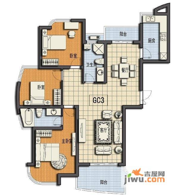 春龙金色海岸3室2厅2卫114.2㎡户型图