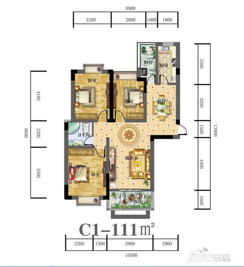 御天城蟠龙居南区(a)3室2厅1卫111㎡户型图